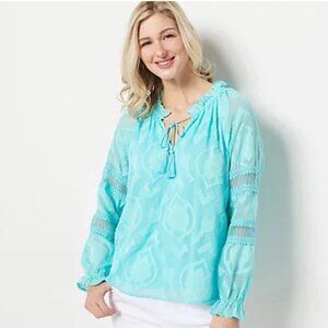 Belle by Kim Gravel Burnout Blouse Cabana Blue Size Large